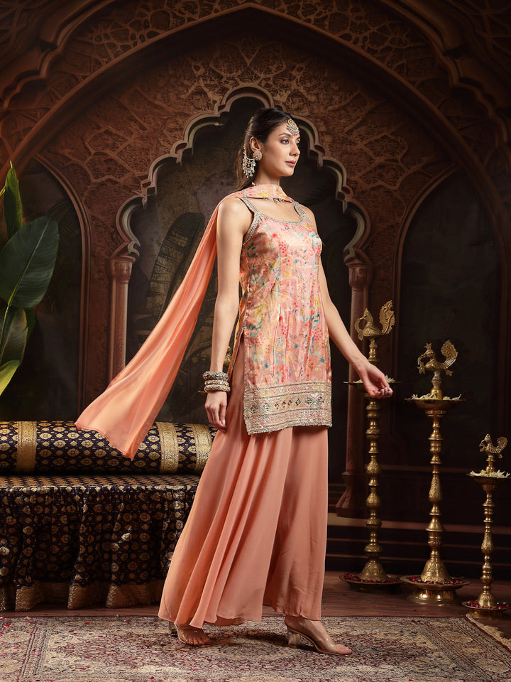 Peach Floral Printed &amp; Embroidered Silk Blend Straight Short Kurti Palazzo Dupatta Set