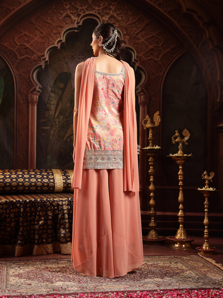 Peach Floral Printed &amp; Embroidered Silk Blend Straight Short Kurti Palazzo Dupatta Set