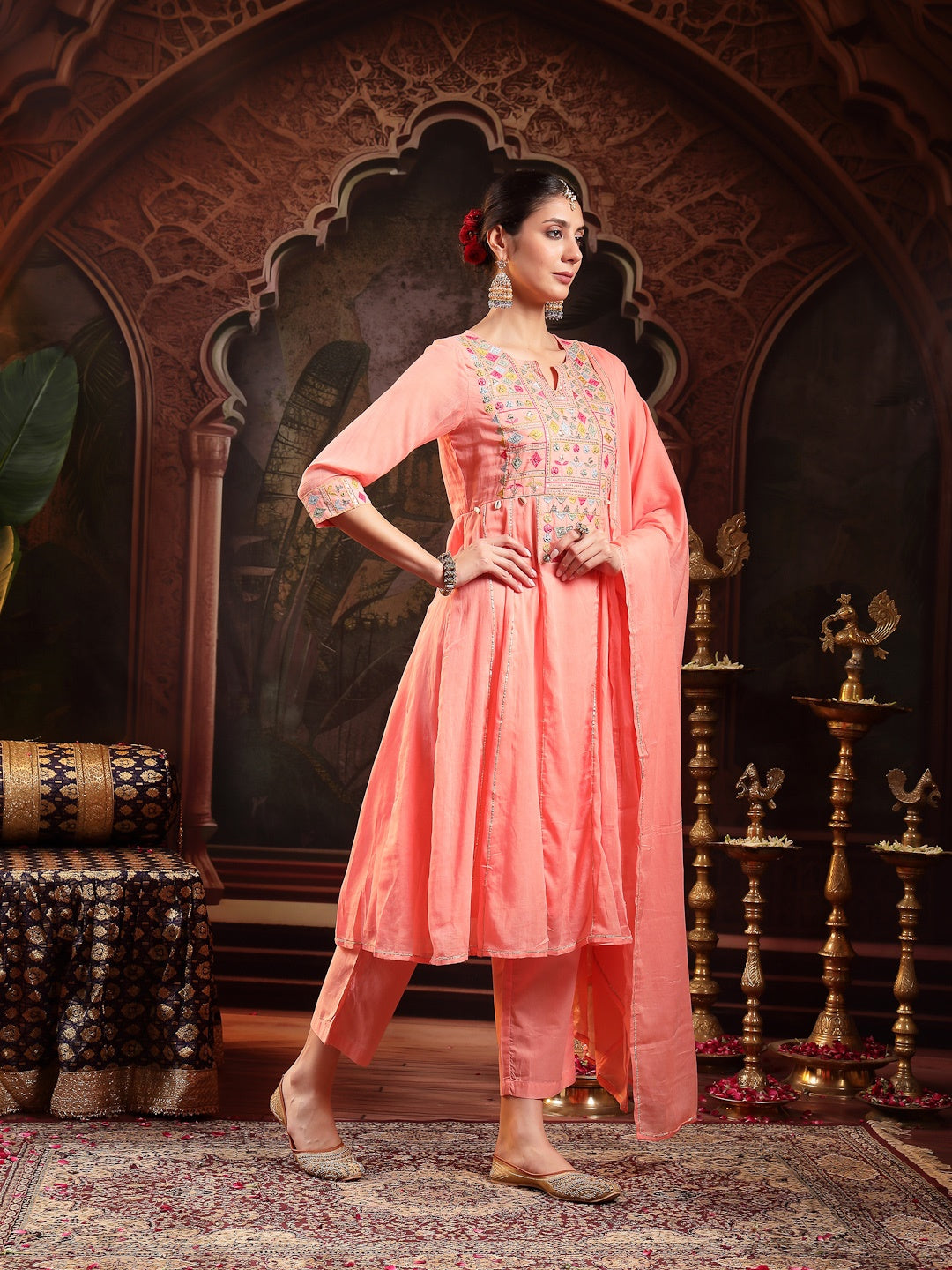 Peach Solid &amp; Embroidered Cotton Anarkali Kurta Pant Dupatta Set