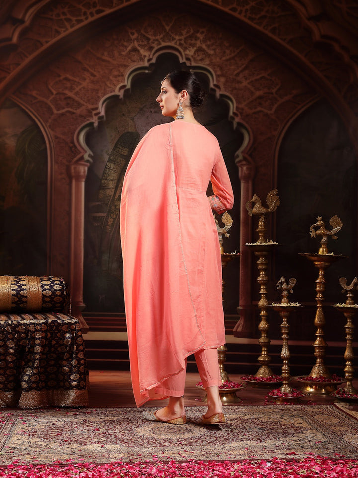 Peach Solid &amp; Embroidered Cotton Anarkali Kurta Pant Dupatta Set