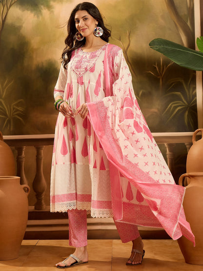 Pink Ethnic Printed Cotton Anarkali Kurta Pant Dupatta Set