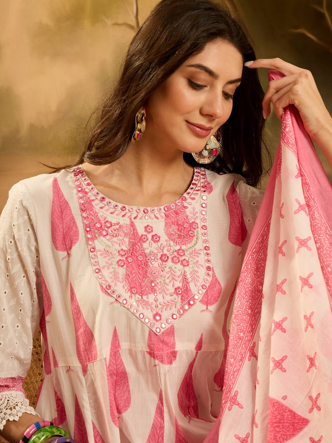 Pink Ethnic Printed Cotton Anarkali Kurta Pant Dupatta Set