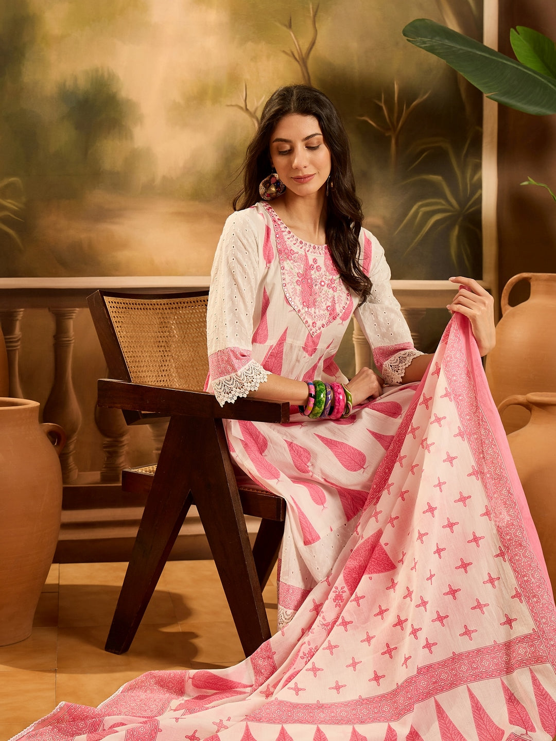 Pink Ethnic Printed Cotton Anarkali Kurta Pant Dupatta Set