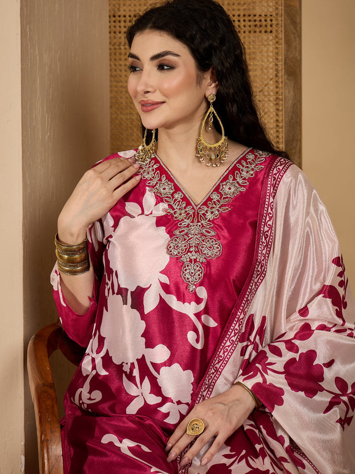 Floral Printed &amp; Embroidered Chinon Straight Kurta Pant Dupatta Set