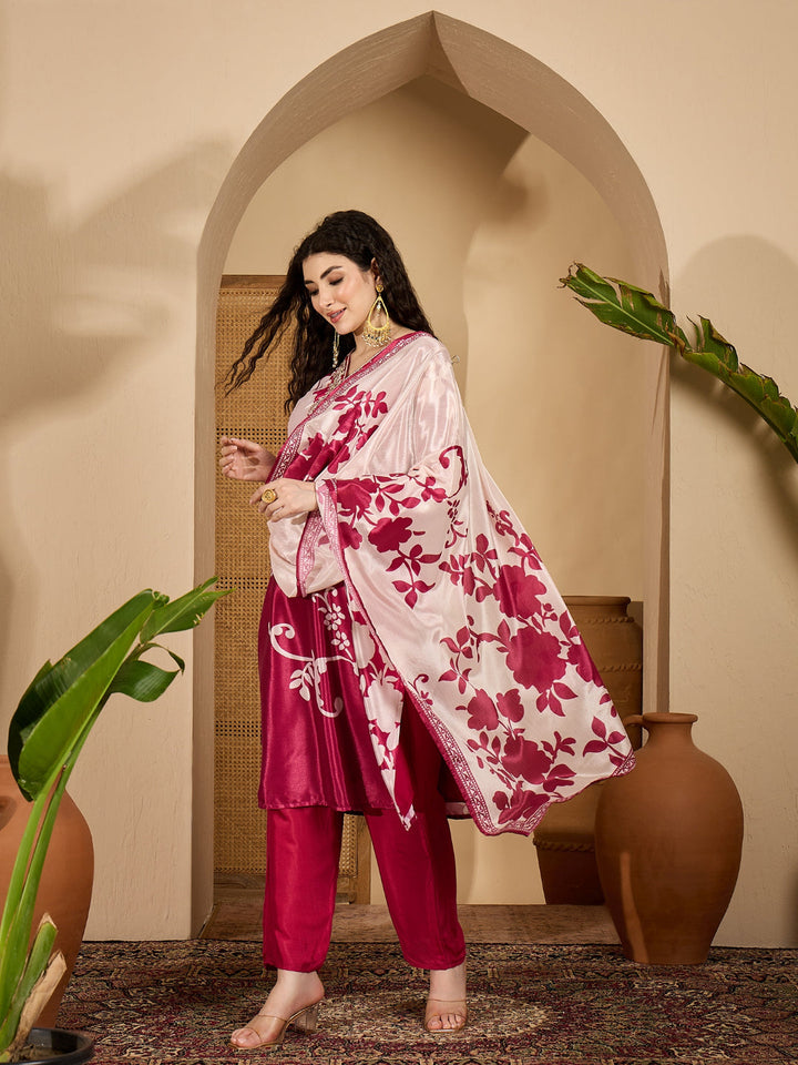 Floral Printed &amp; Embroidered Chinon Straight Kurta Pant Dupatta Set