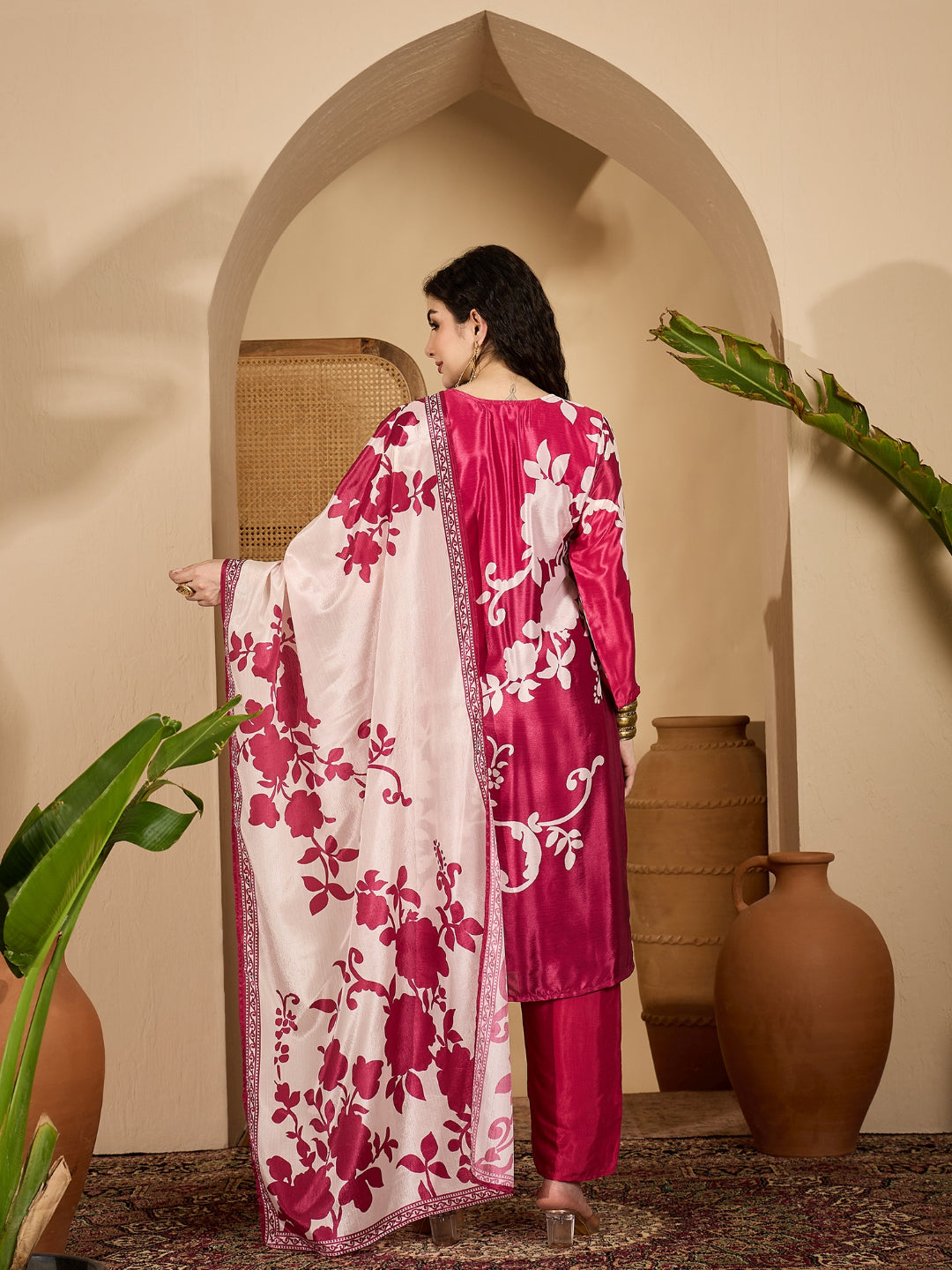 Floral Printed &amp; Embroidered Chinon Straight Kurta Pant Dupatta Set