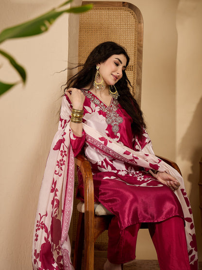 Floral Printed & Embroidered Chinon Straight Kurta Pant Dupatta Set
