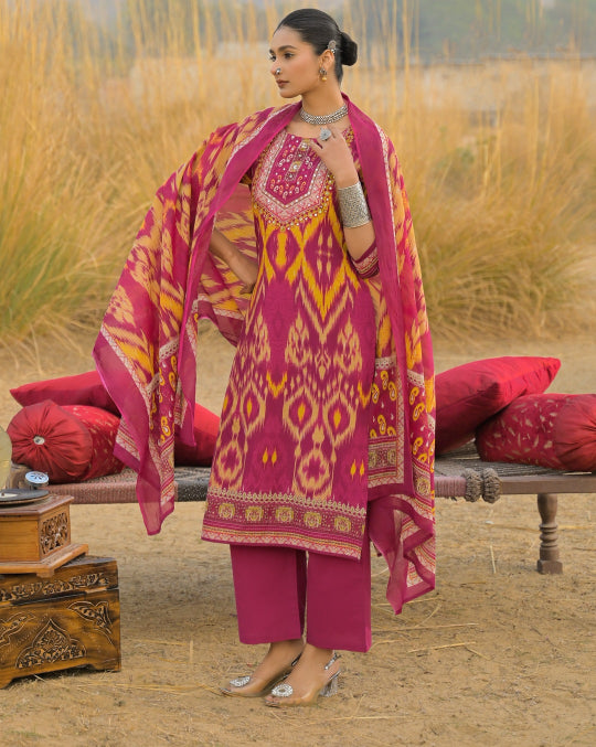 Ikat Printed Cotton Straight Kurta Pant Dupatta Set