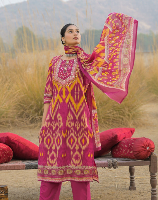 Ikat Printed Cotton Straight Kurta Pant Dupatta Set