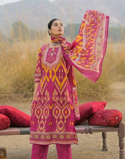 Ikat Printed Cotton Straight Kurta Pant Dupatta Set