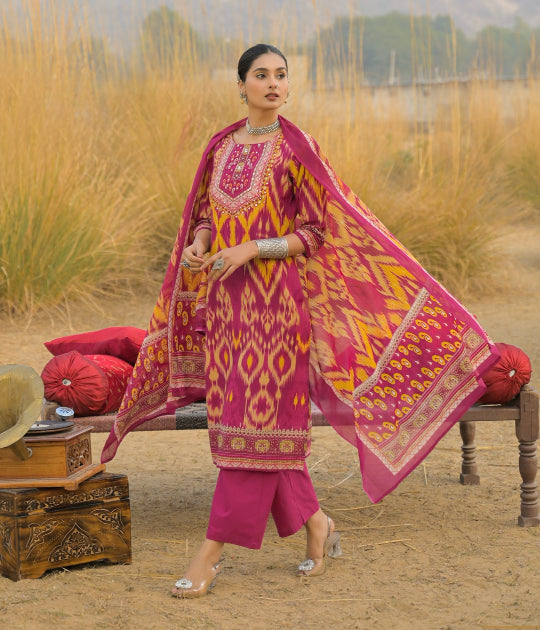 Ikat Printed Cotton Straight Kurta Pant Dupatta Set