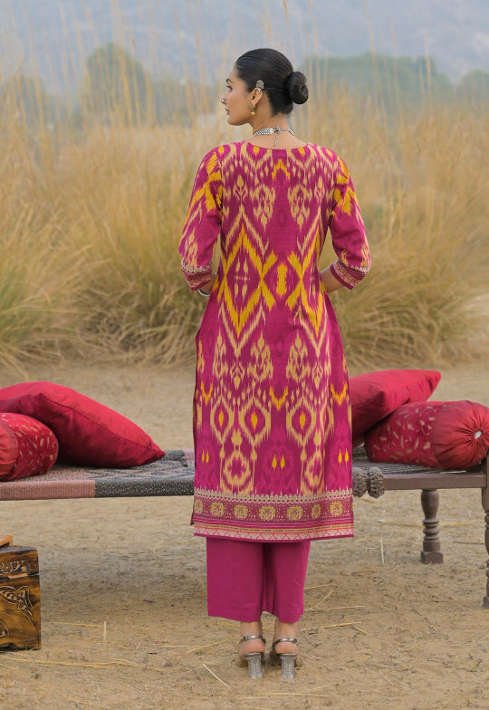 Ikat Printed Cotton Straight Kurta Pant Dupatta Set