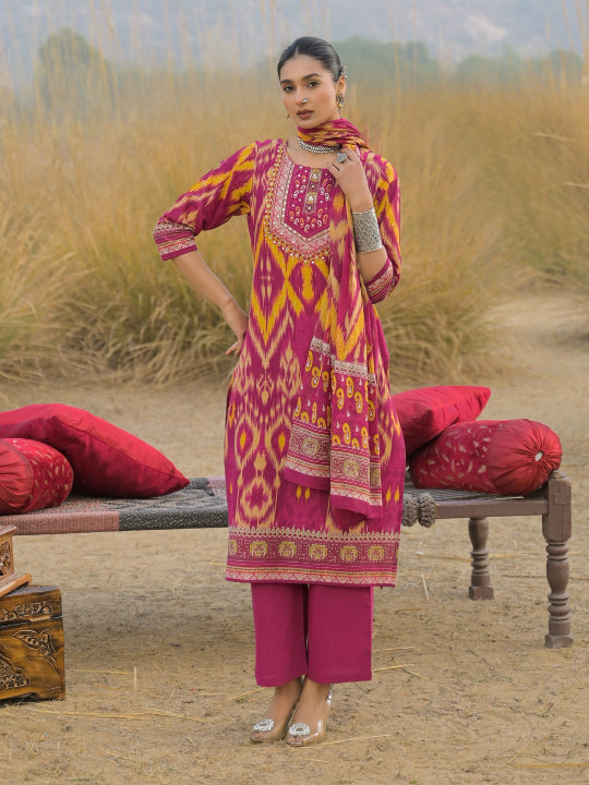 Ikat Printed Cotton Straight Kurta Pant Dupatta Set