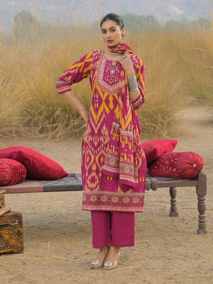 Ikat Printed Cotton Straight Kurta Pant Dupatta Set