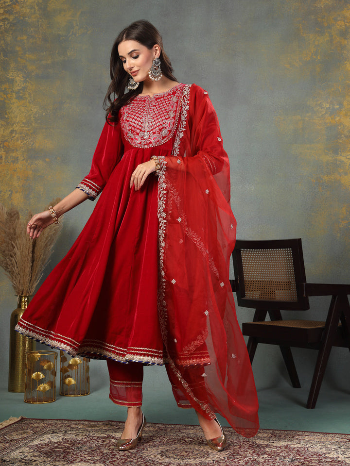 Pink Solid &amp; Embroidered Velvet Anarkali Kurta Pant Dupatta Set
