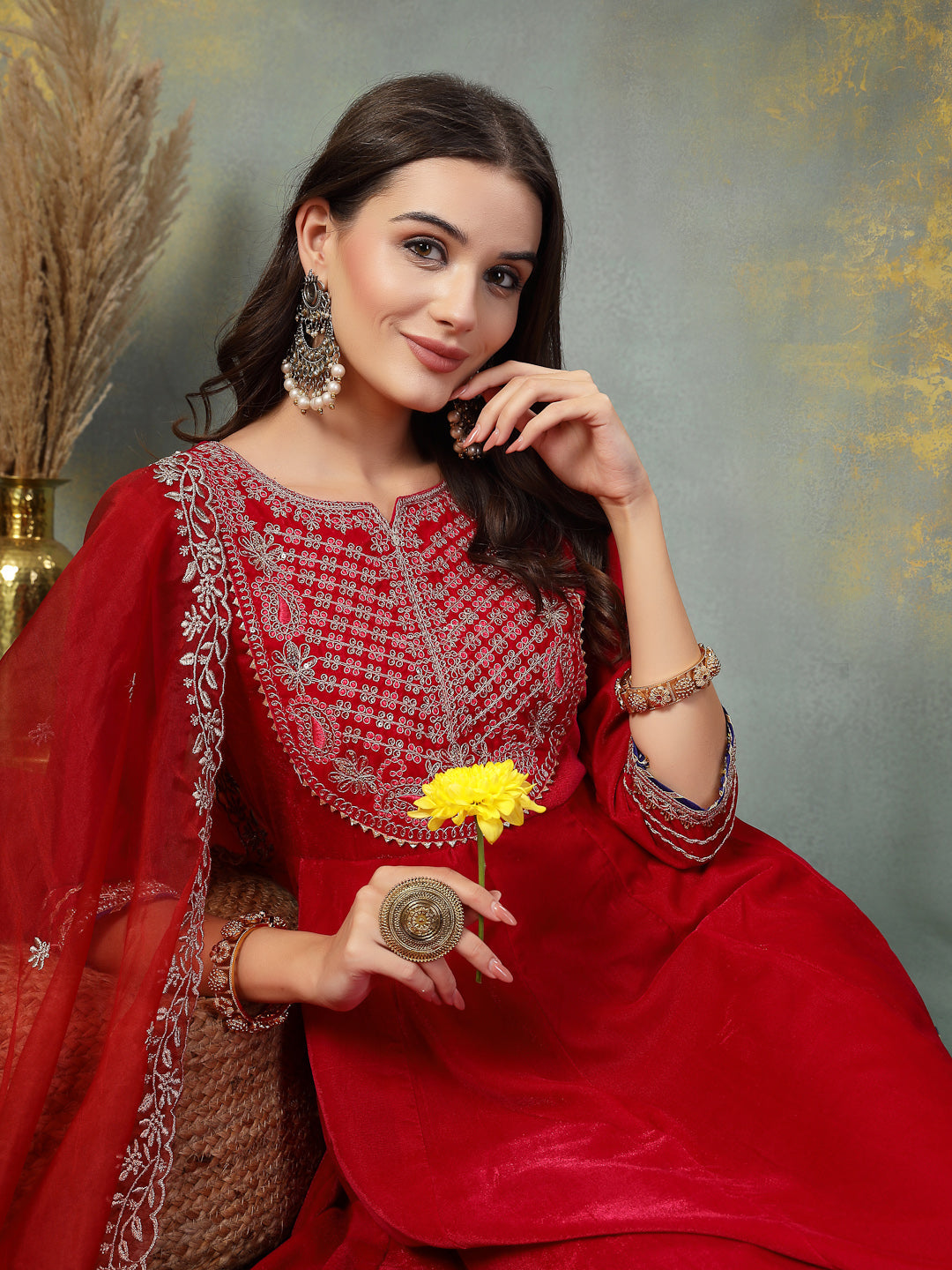 Pink Solid &amp; Embroidered Velvet Anarkali Kurta Pant Dupatta Set