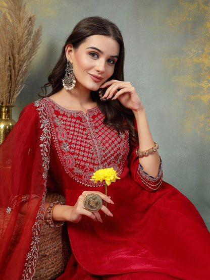 Pink Solid & Embroidered Velvet Anarkali Kurta Pant Dupatta Set