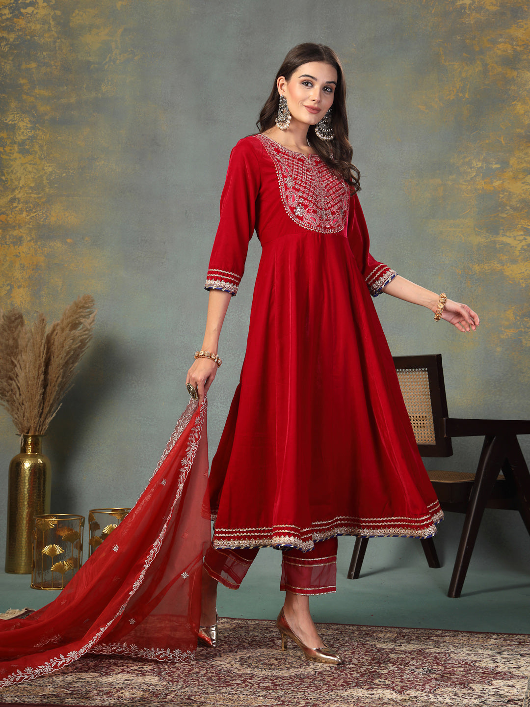Pink Solid &amp; Embroidered Velvet Anarkali Kurta Pant Dupatta Set
