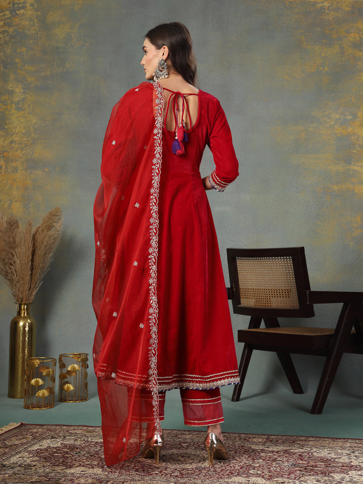Pink Solid &amp; Embroidered Velvet Anarkali Kurta Pant Dupatta Set