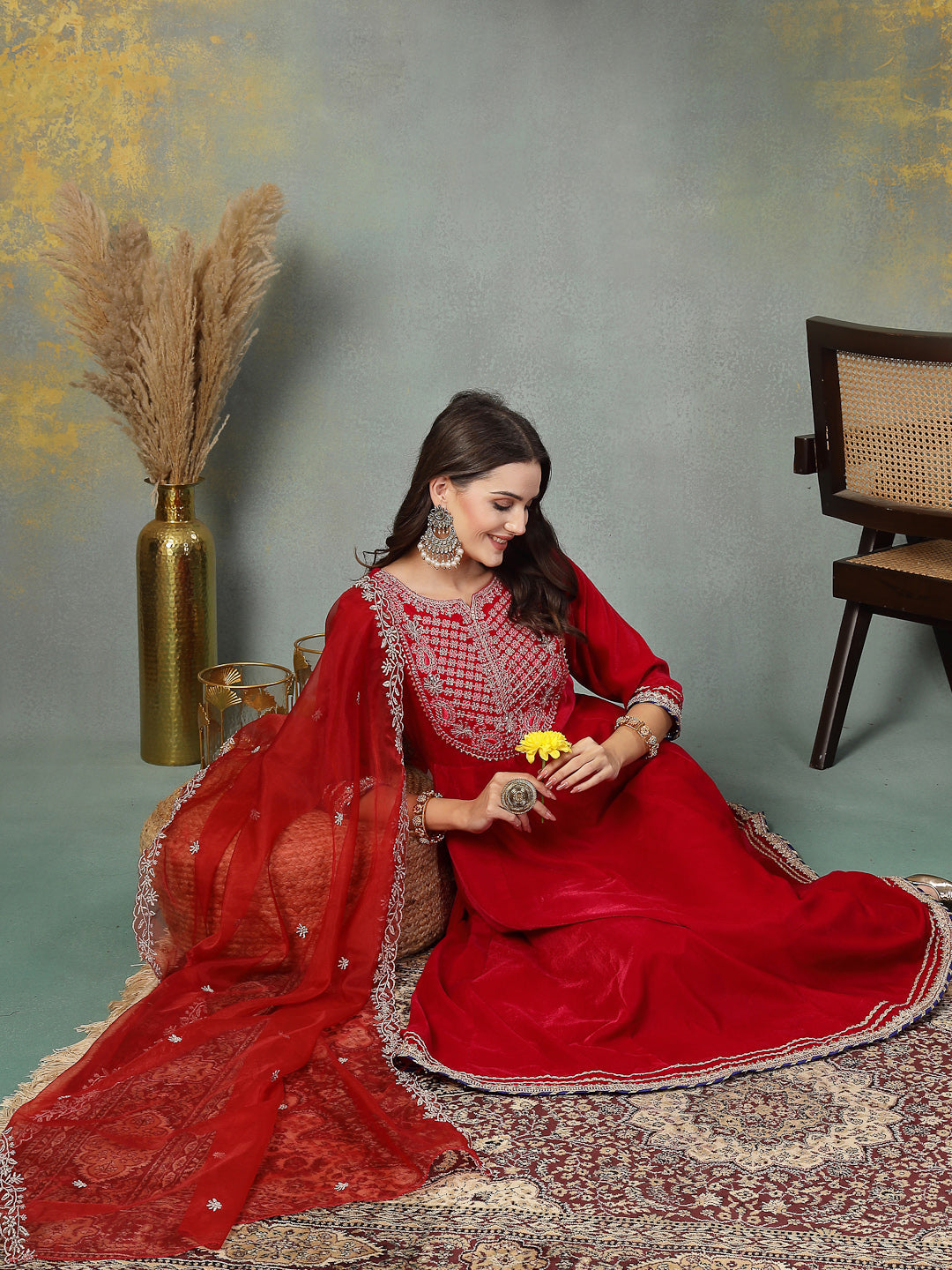 Pink Solid &amp; Embroidered Velvet Anarkali Kurta Pant Dupatta Set