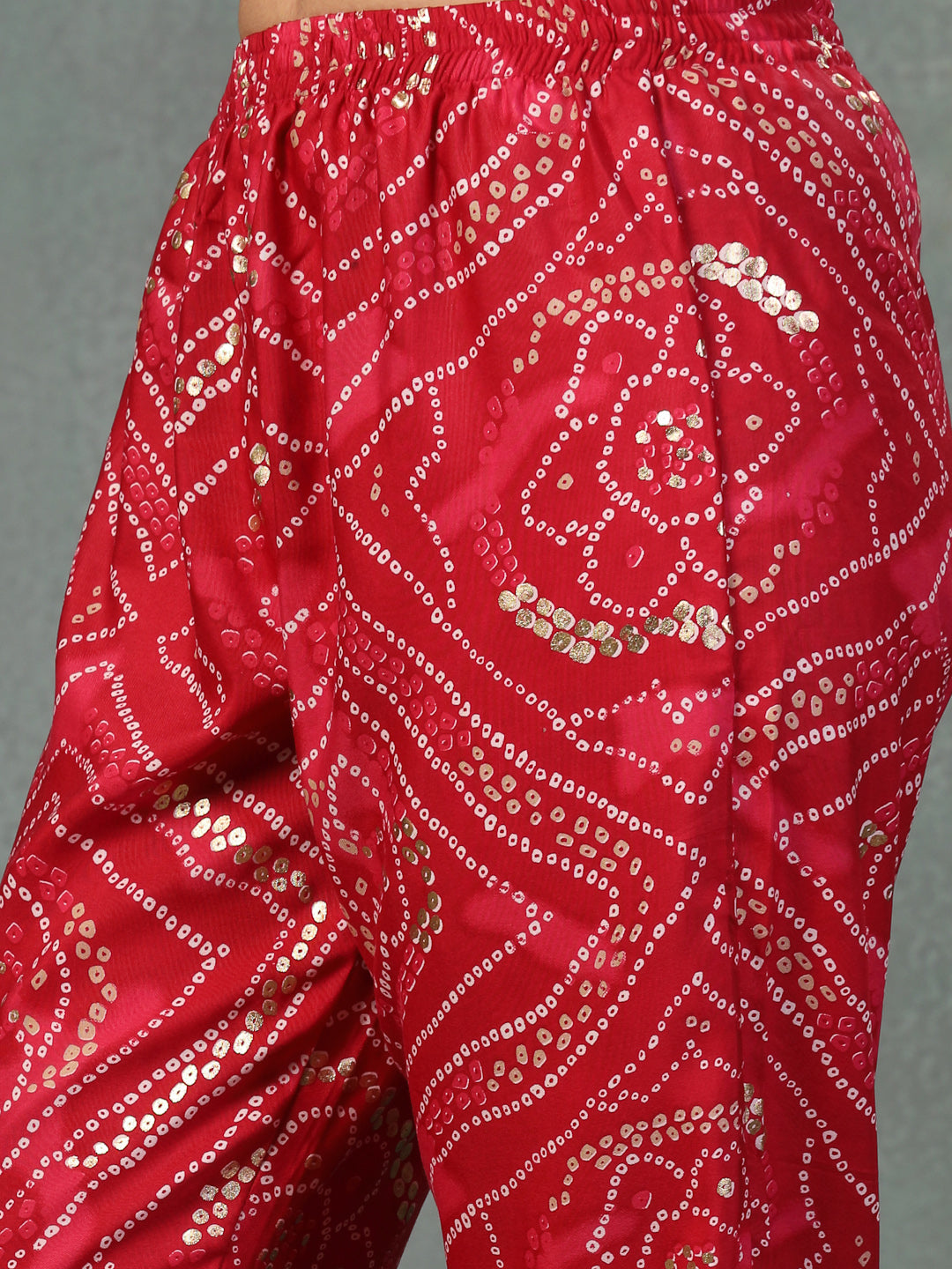 Pink Bandhani Print & Embroidered Muslin Straight Kurta Pant Dupatta Set