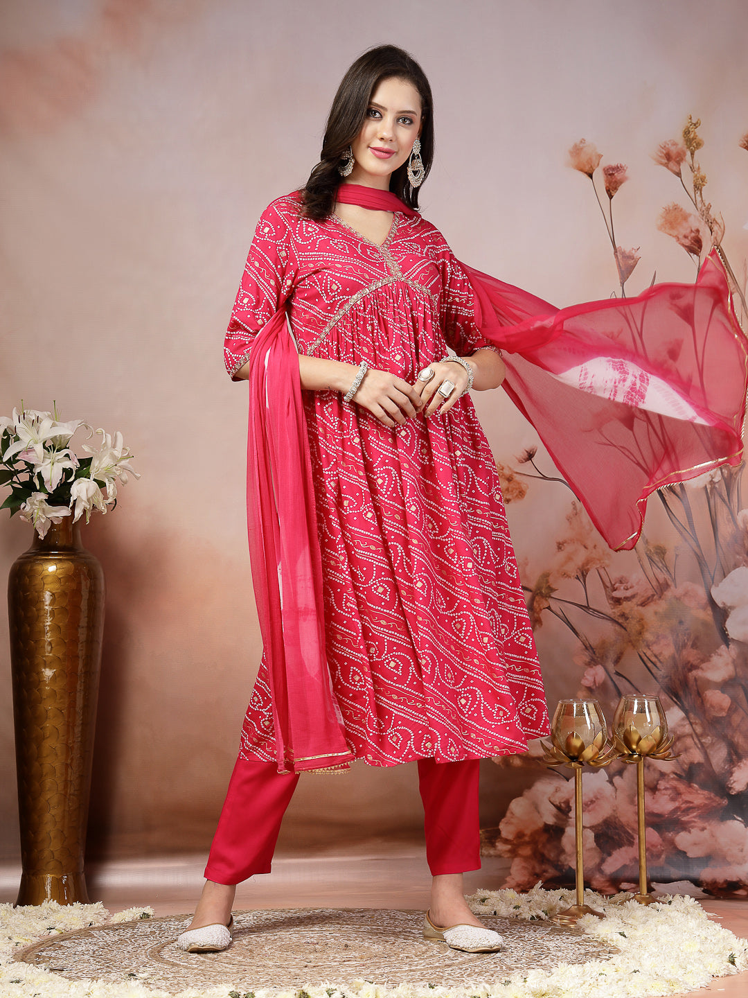 Bandhej Printed Rayon Alia Cut Kurta Pant Dupatta Set (Pre-Order)