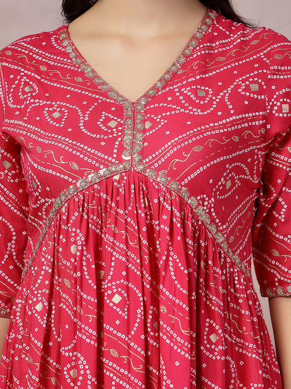 Bandhej Printed Rayon Alia Cut Kurta Pant Dupatta Set (Pre-Order)