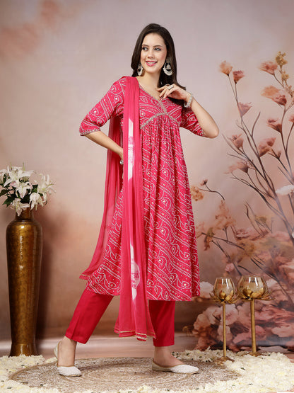 Bandhej Printed Rayon Alia Cut Kurta Pant Dupatta Set (Pre-Order)