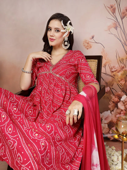 Bandhej Printed Rayon Alia Cut Kurta Pant Dupatta Set (Pre-Order)