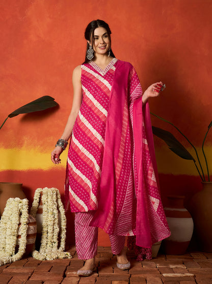 Leheriya Printed Cotton Straight Kurta Pant Dupatta Set