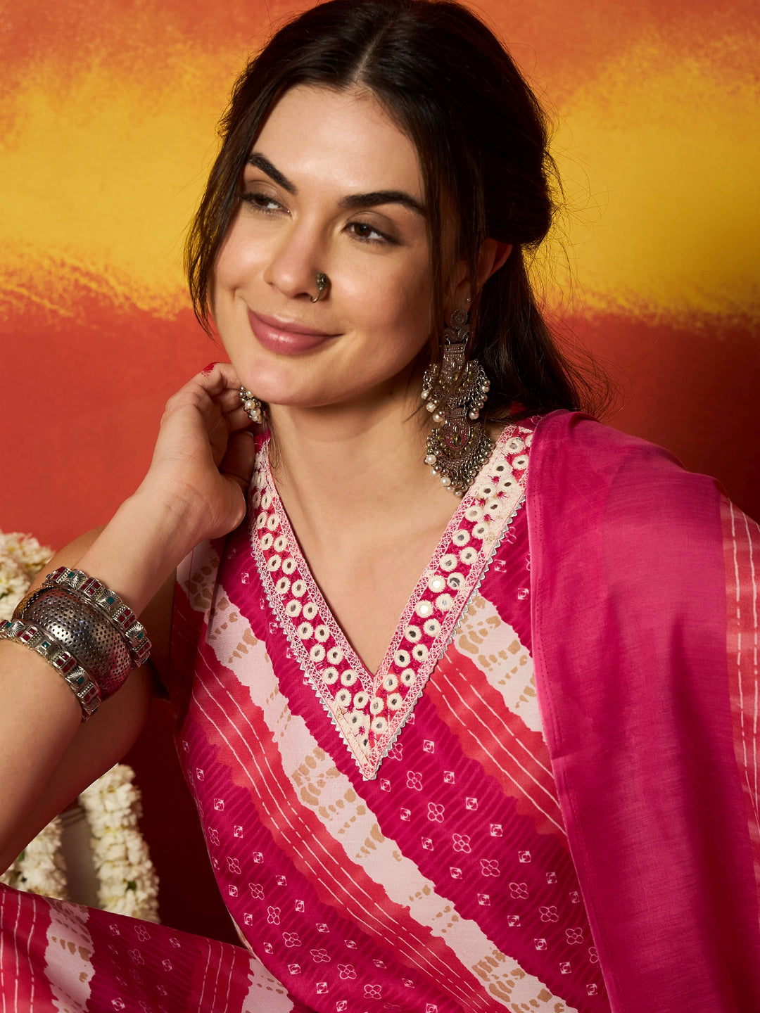 Leheriya Printed Cotton Straight Kurta Pant Dupatta Set