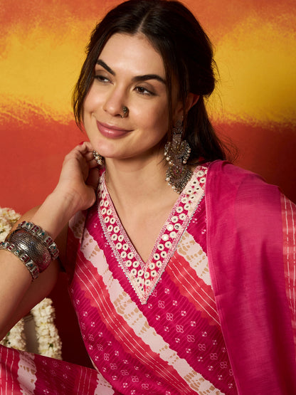 Leheriya Printed Cotton Straight Kurta Pant Dupatta Set