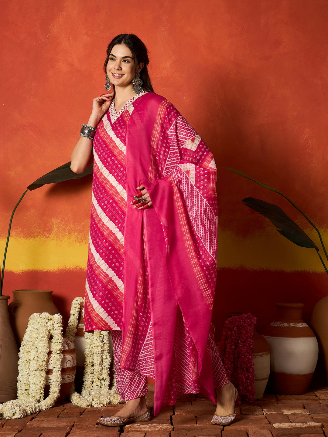 Leheriya Printed Cotton Straight Kurta Pant Dupatta Set