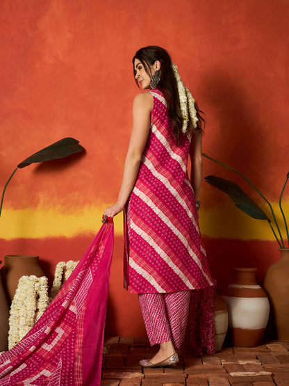 Leheriya Printed Cotton Straight Kurta Pant Dupatta Set