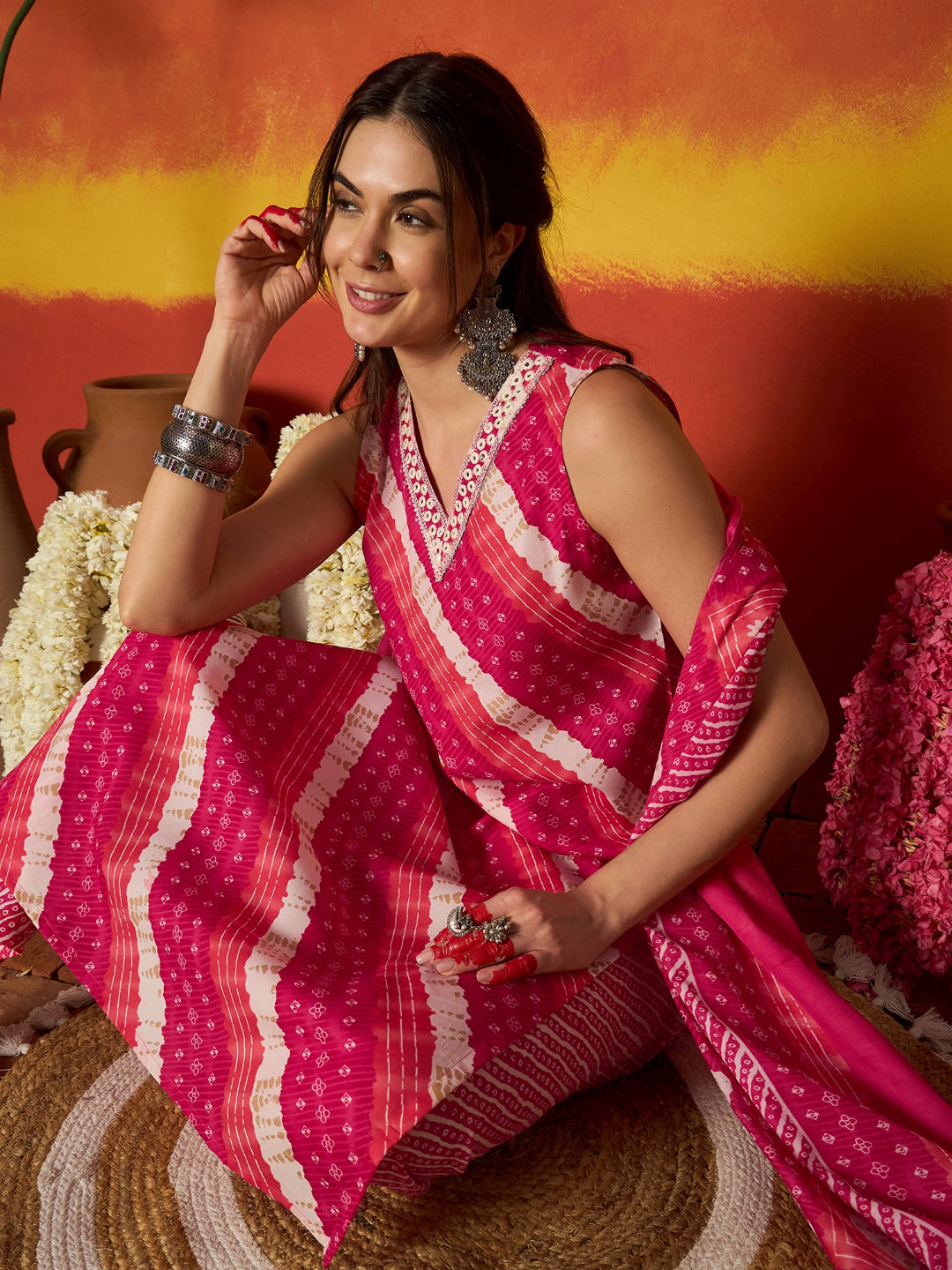 Leheriya Printed Cotton Straight Kurta Pant Dupatta Set