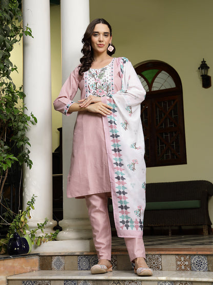 Pink Solid Cotton Straight Kurta Pant Dupatta Set (Pre-Order)
