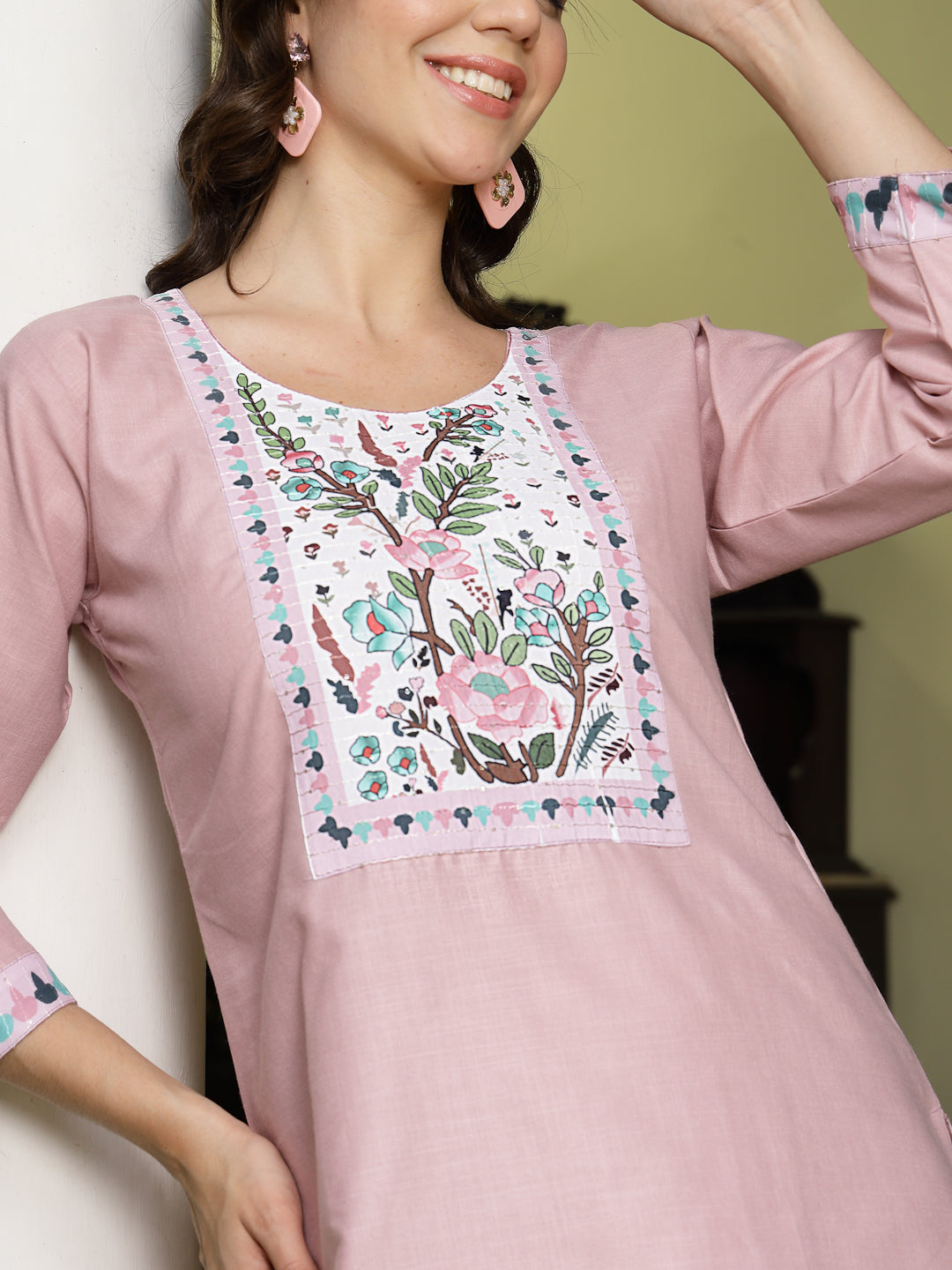 Pink Solid Cotton Straight Kurta Pant Dupatta Set (Pre-Order)