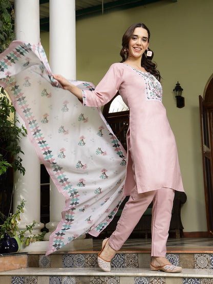 Pink Solid Cotton Straight Kurta Pant Dupatta Set (Pre-Order)