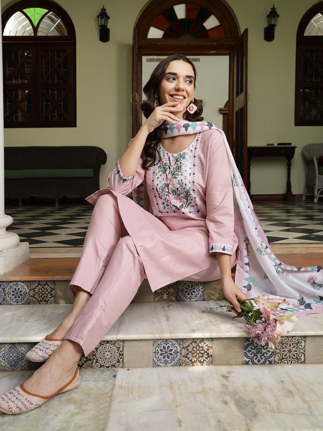 Pink Solid Cotton Straight Kurta Pant Dupatta Set