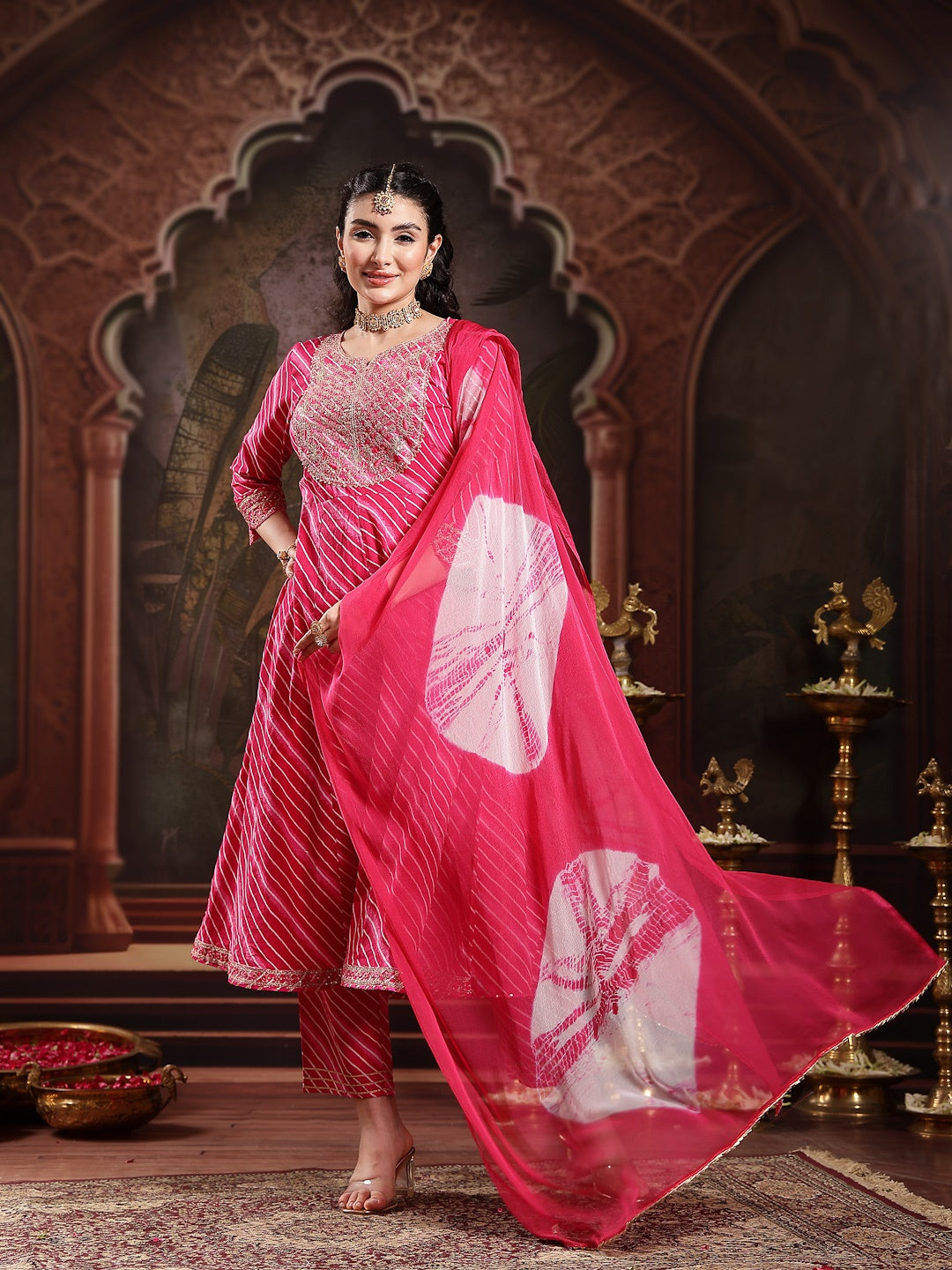 Pink Leheriya Printed & Embroidered Cotton Anarkali Kurta Pant Dupatta Set