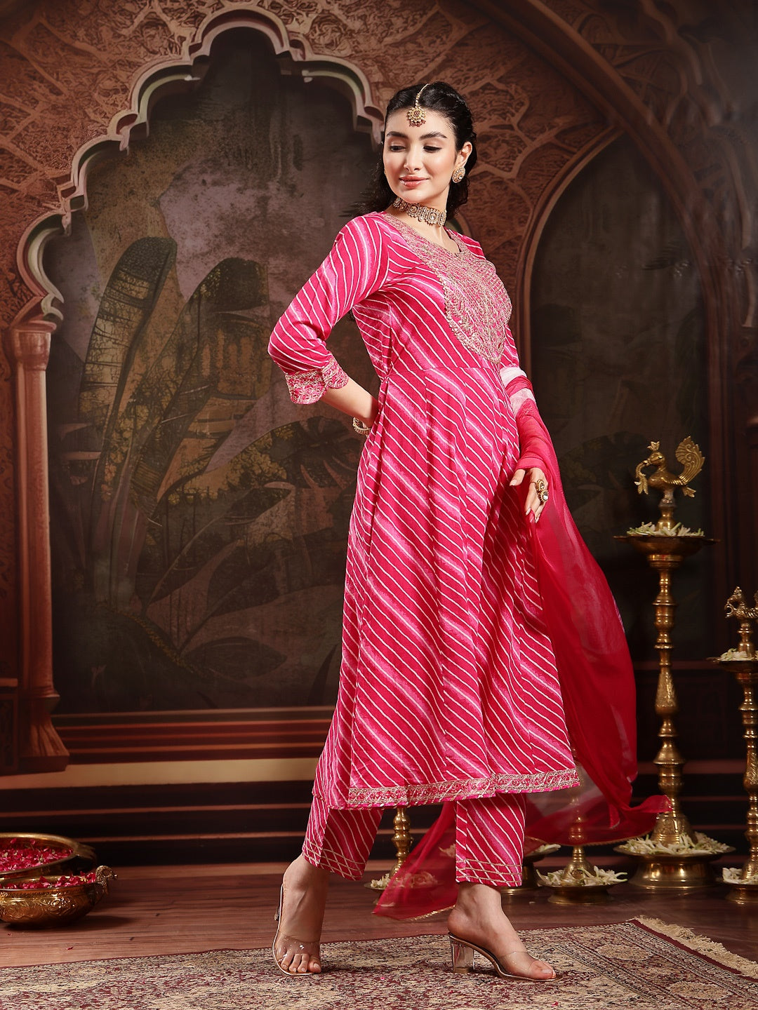 Pink Leheriya Printed &amp; Embroidered Cotton Anarkali Kurta Pant Dupatta Set