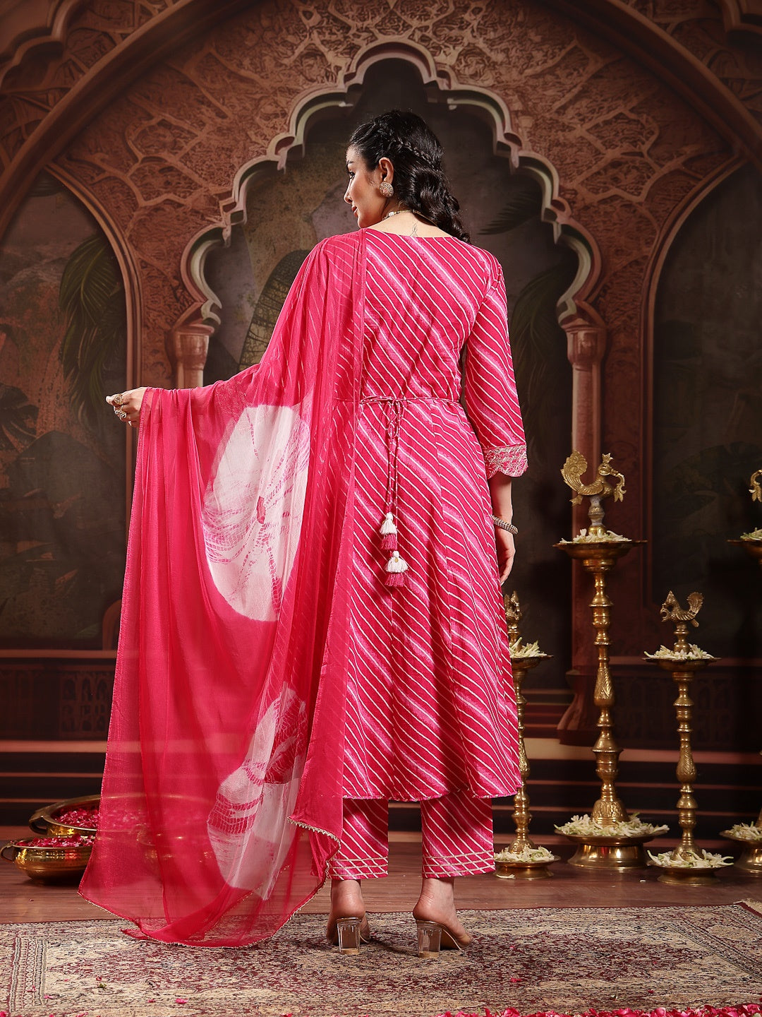 Pink Leheriya Printed & Embroidered Cotton Anarkali Kurta Pant Dupatta Set