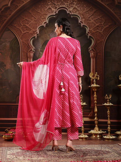 Pink Leheriya Printed & Embroidered Cotton Anarkali Kurta Pant Dupatta Set