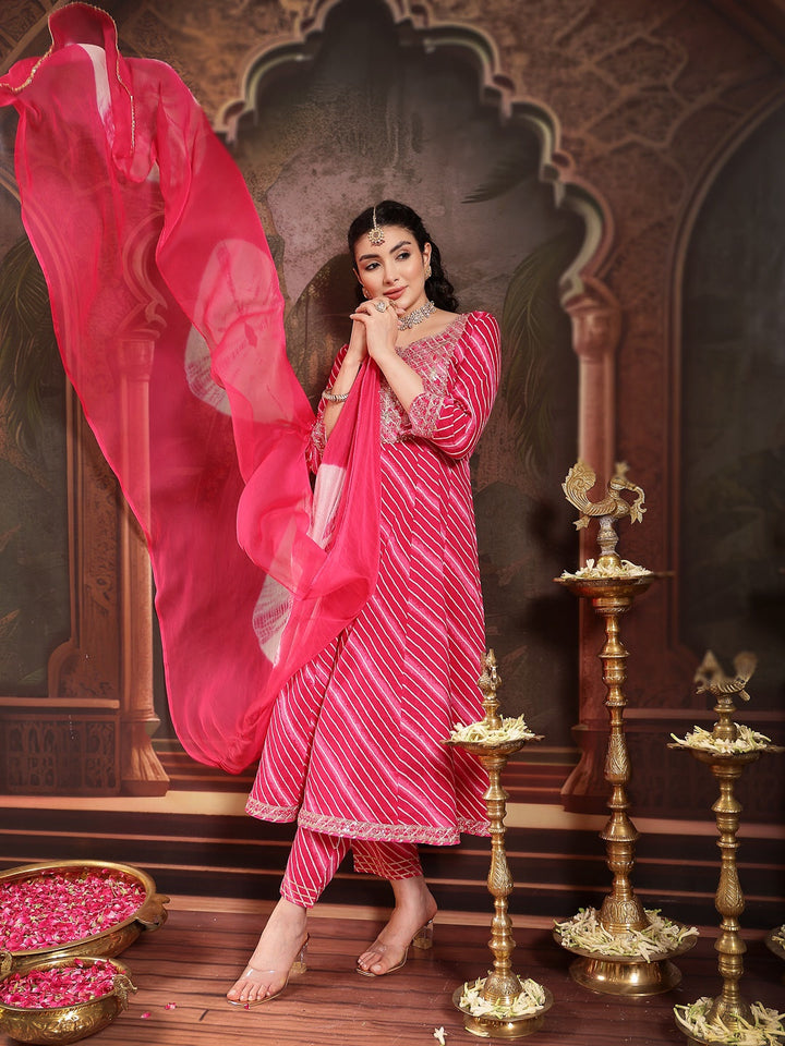 Pink Leheriya Printed &amp; Embroidered Cotton Anarkali Kurta Pant Dupatta Set