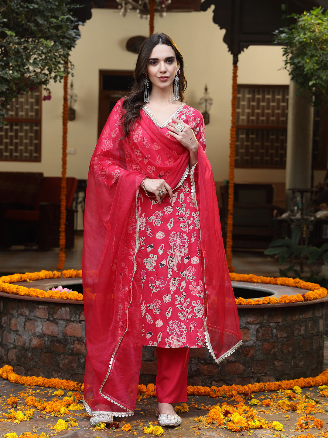 Pink Floral Printed Rayon Straight Kurta Pant Dupatta Set