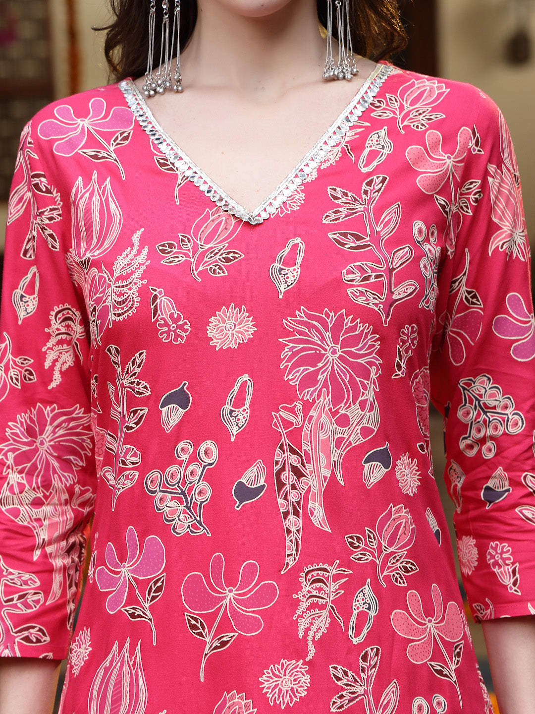 Pink Floral Printed Rayon Straight Kurta Pant Dupatta Set (Pre-Order)