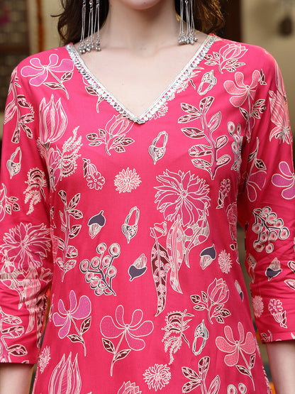 Pink Floral Printed Rayon Straight Kurta Pant Dupatta Set (Pre-Order)