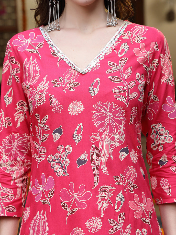 Pink Floral Printed Rayon Straight Kurta Pant Dupatta Set