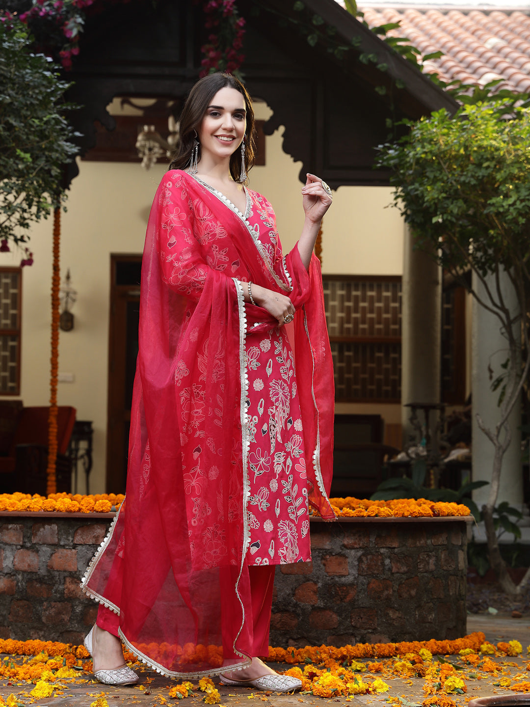 Pink Floral Printed Rayon Straight Kurta Pant Dupatta Set (Pre-Order)