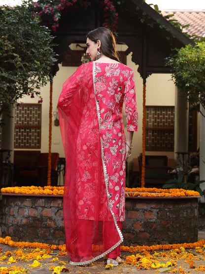 Pink Floral Printed Rayon Straight Kurta Pant Dupatta Set